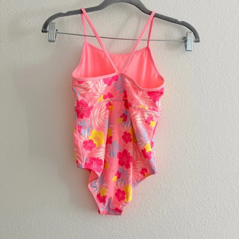 Hurley Youth Girls' Pink Floral Hawaiian Cut Out One Piece Swimsuit Size 7/8